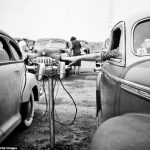 Photo of vintage car speakers at drive-in theater